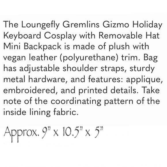 LOUNGEFLY GREMLINS GIZMO Holiday Keyboard Cosplay w/Removable Hat MINI BACKPACK! - Picture 11 of 11